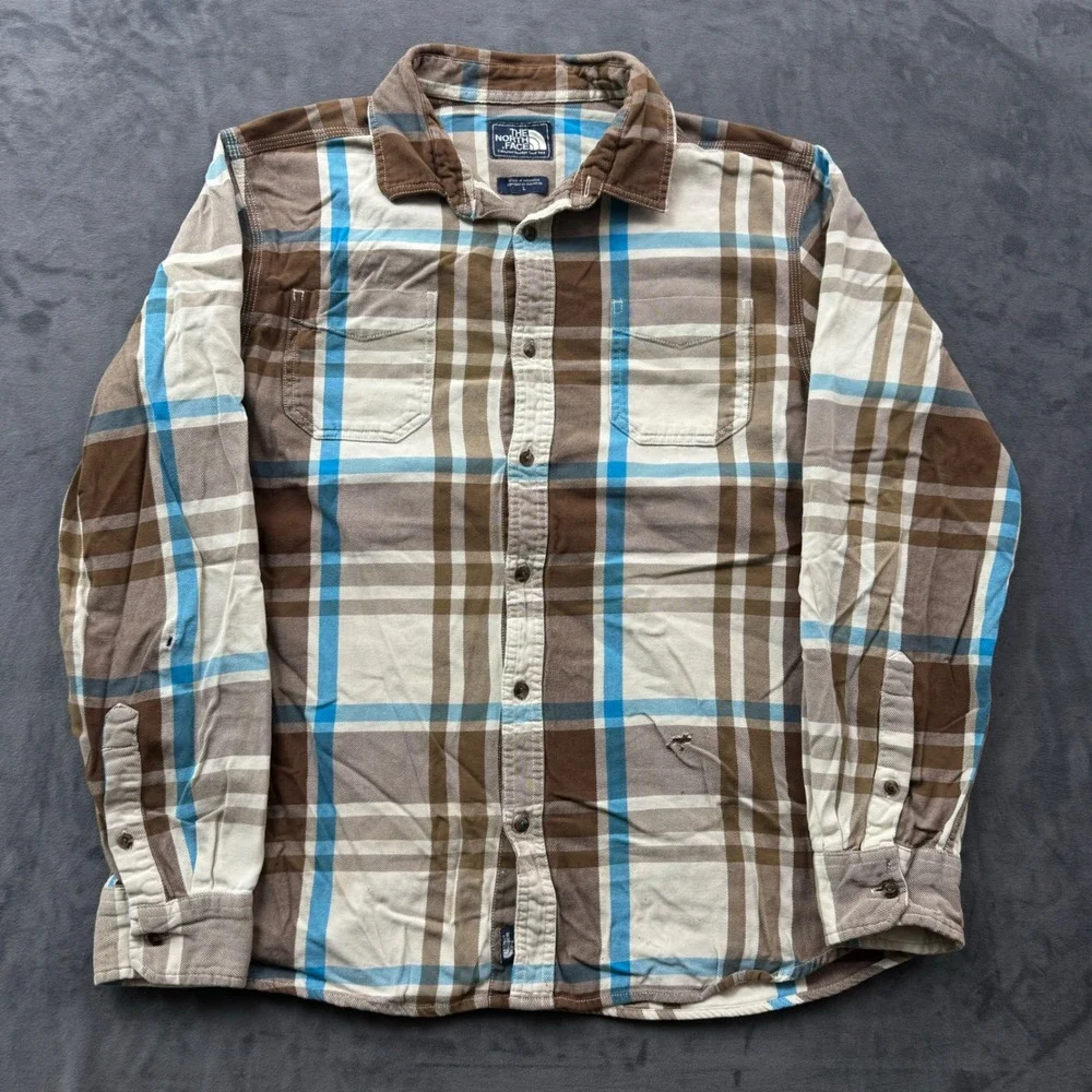 The North Face Mens Plaid Flannel Shirt Brown Blue Long Sleeve Large L Button Up